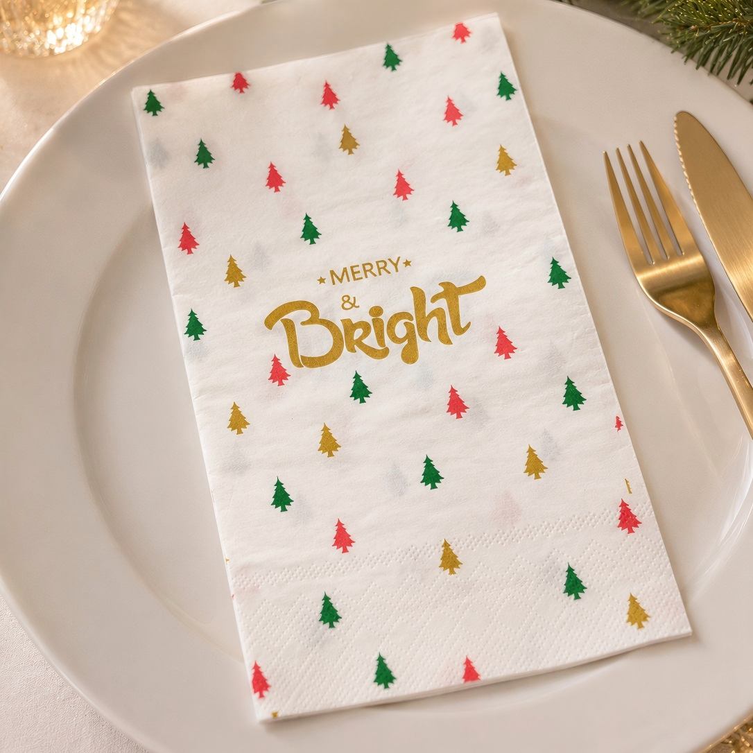 Servilletas disponibles de la cena de la impresión del oro feliz y brillante para la configuración de la tabla del partido de Navidad